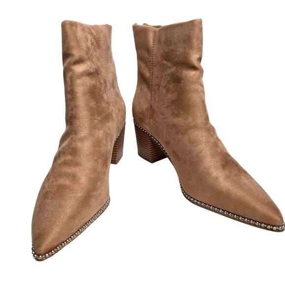 LAICIGO Suede Pointed Toe Ankle Boot Chunky Stacked Heel Back Zipper Sz 11 Beige - Picture 3 of 7